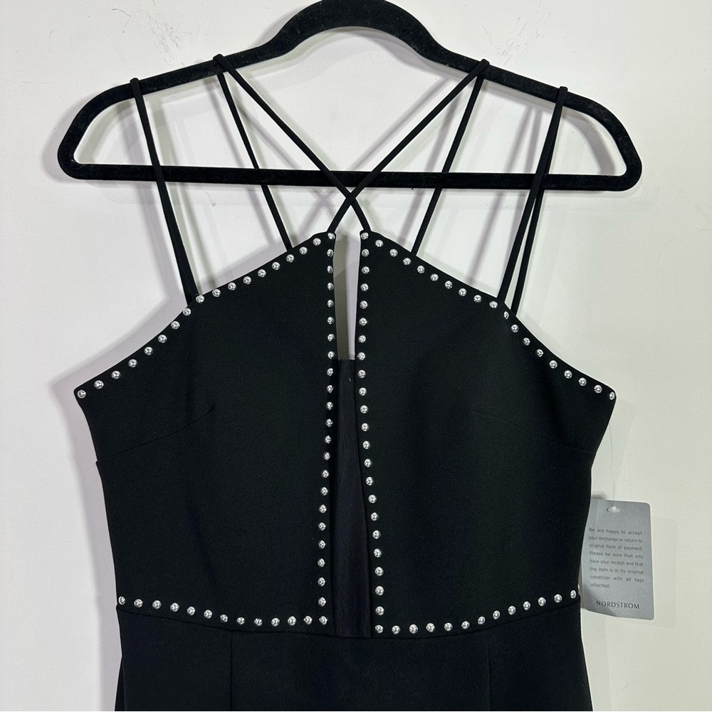 Xscape Black Silver Studded Spaghetti Strap Halter Mini Cocktail Dress NWT - Picture 2 of 8